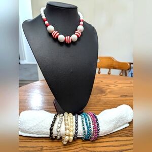 COPY - Costume necklace and Bracelet lot.  Plastic and Rhynstones. 11 Bracelets